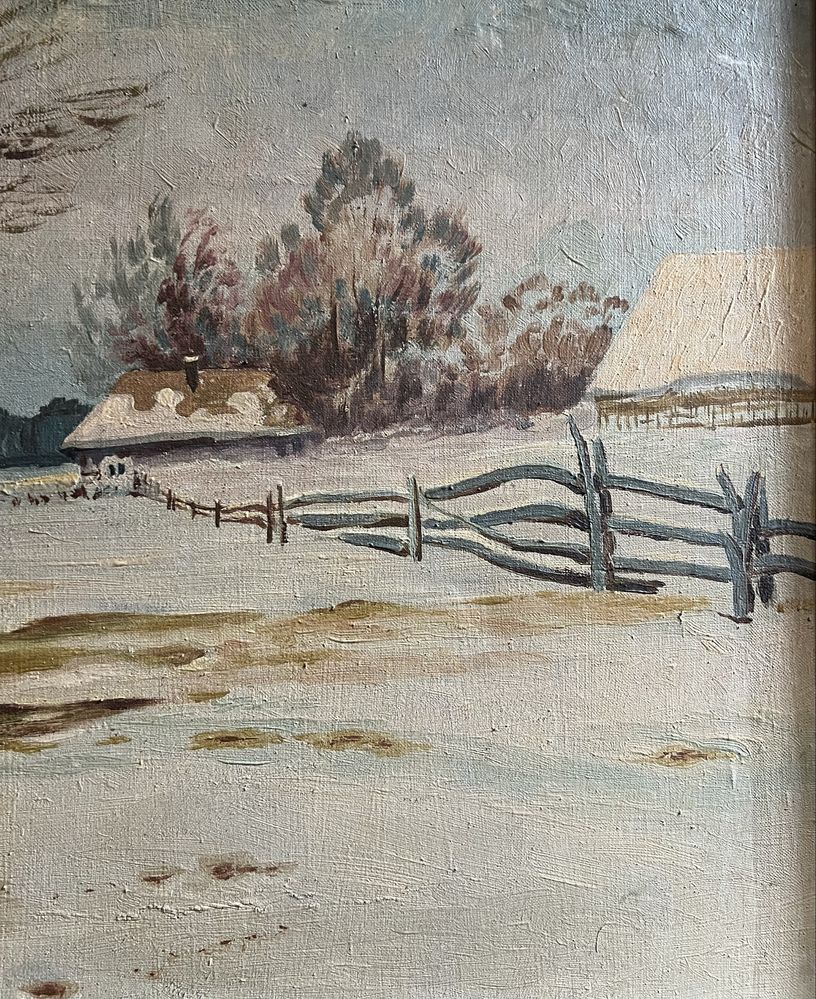 Obraz - Zimowy pejzaż z potokiem i chatami. 1925r