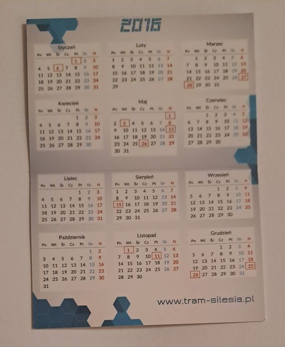 Kalendarz listkowy składany Tramwaje Śląskie Chorzów 2016