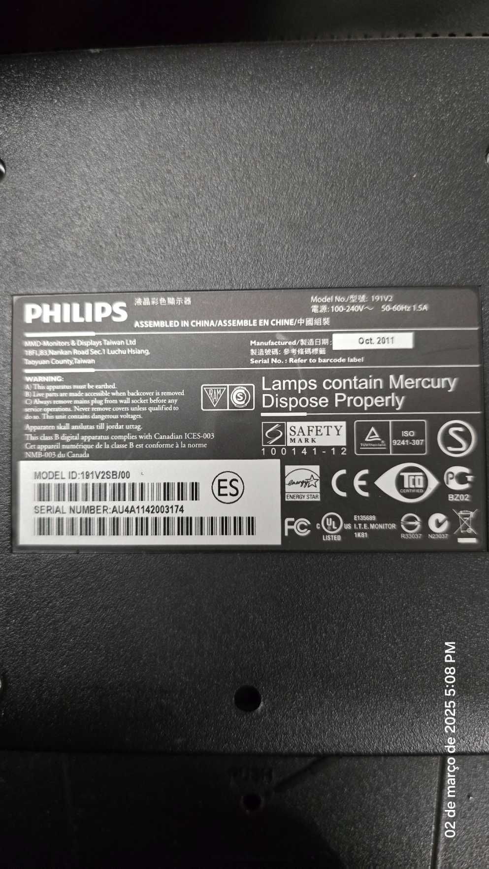 Monitor Philips  191V2 1920 x 1080 LCD Monitor Preto