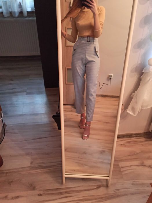 Spodnie damskie wysoki stan kratka błekitne pasek klamra XS rurki