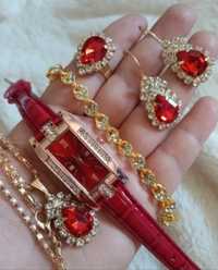 Piękny czerwony zegarek +biżuteria