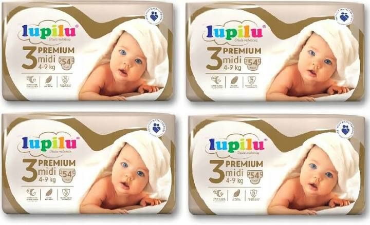 4x Pieluchy Pampersy Lupilu Premium 3, 4-9 kg, 4x54=216 pieluszek