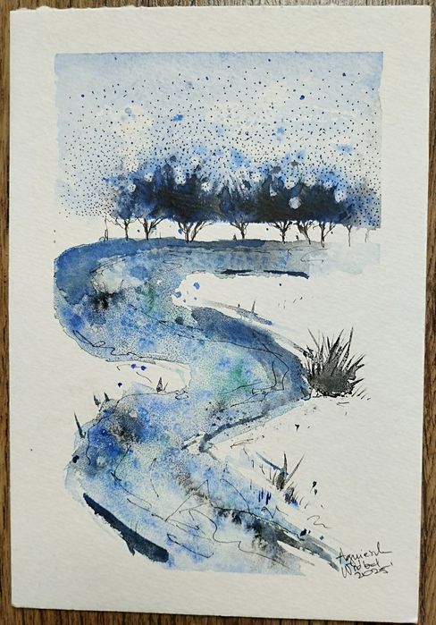 Zimowa akwarela 15×19.5 cm oryginał i jedyny egzemplarz