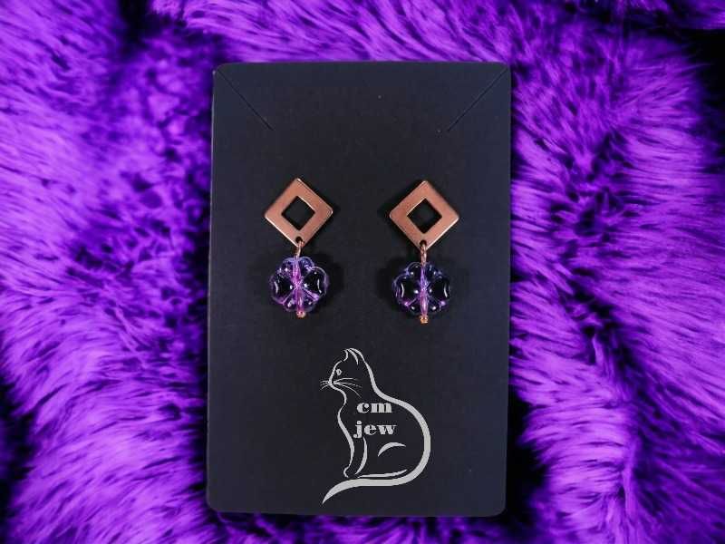 Brinco quadrados aço com flor cristal de vidro roxo - Novos