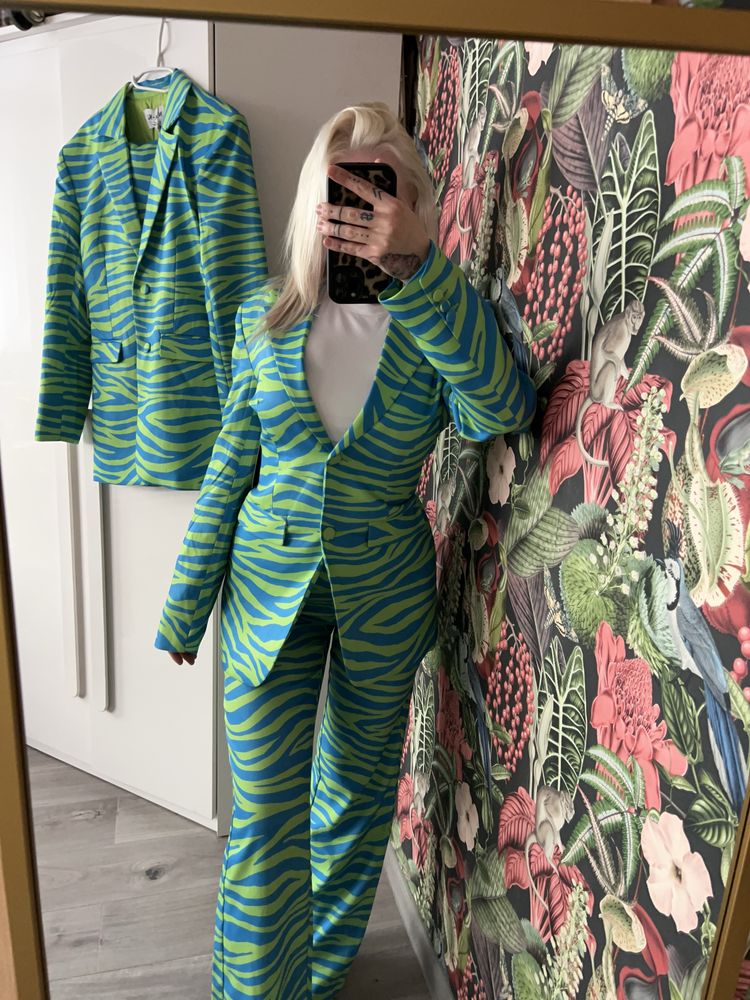 Nowy komplet zebra neon – marynarka XS + spodnie S • z metkami