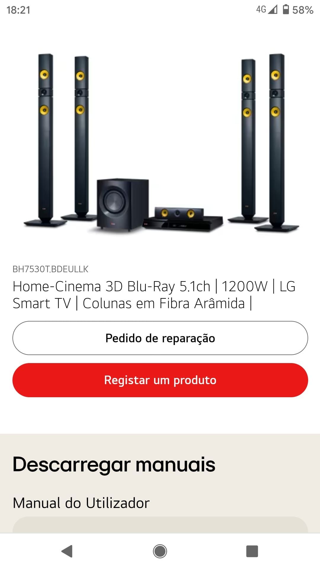 Home-Cinema 3D Blu-Ray 5.1ch | 1200W | LG Smart TV | Colunas em Fibra