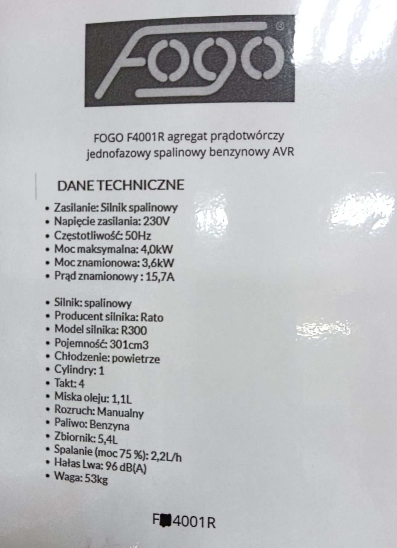 Agregat prądotwórczy Fogo F 4001 R 3,6kW