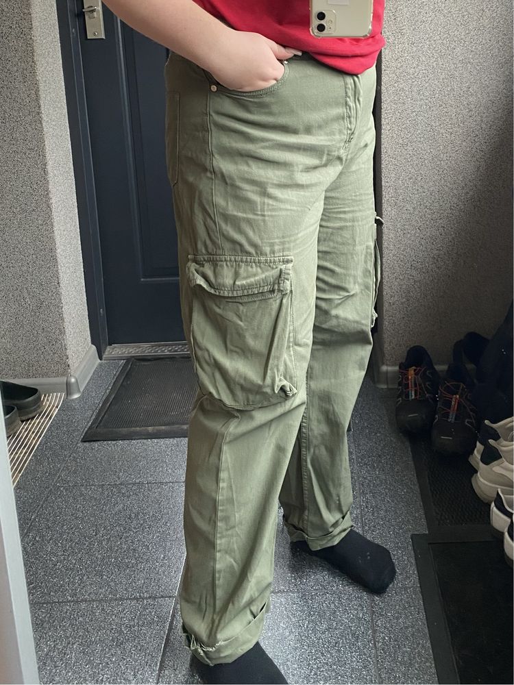 cargo pants khaki spodnie na gumce z kieszeniami
