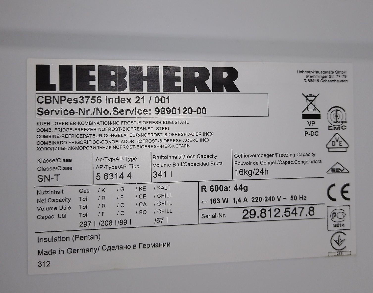 Холодильник Liebherr CBNPes 3756 Bio Fresh No Frost 201см