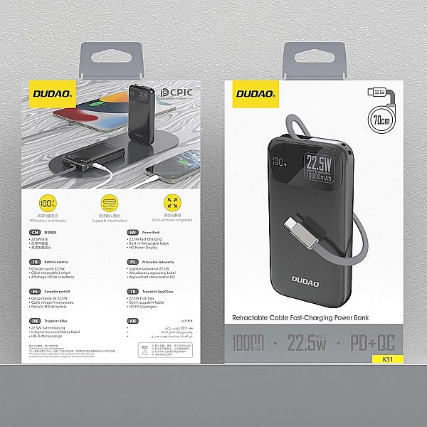 Powerbank Dudao K31/10000 mAh 22,5W PD z wbudowanym kablem - czarny