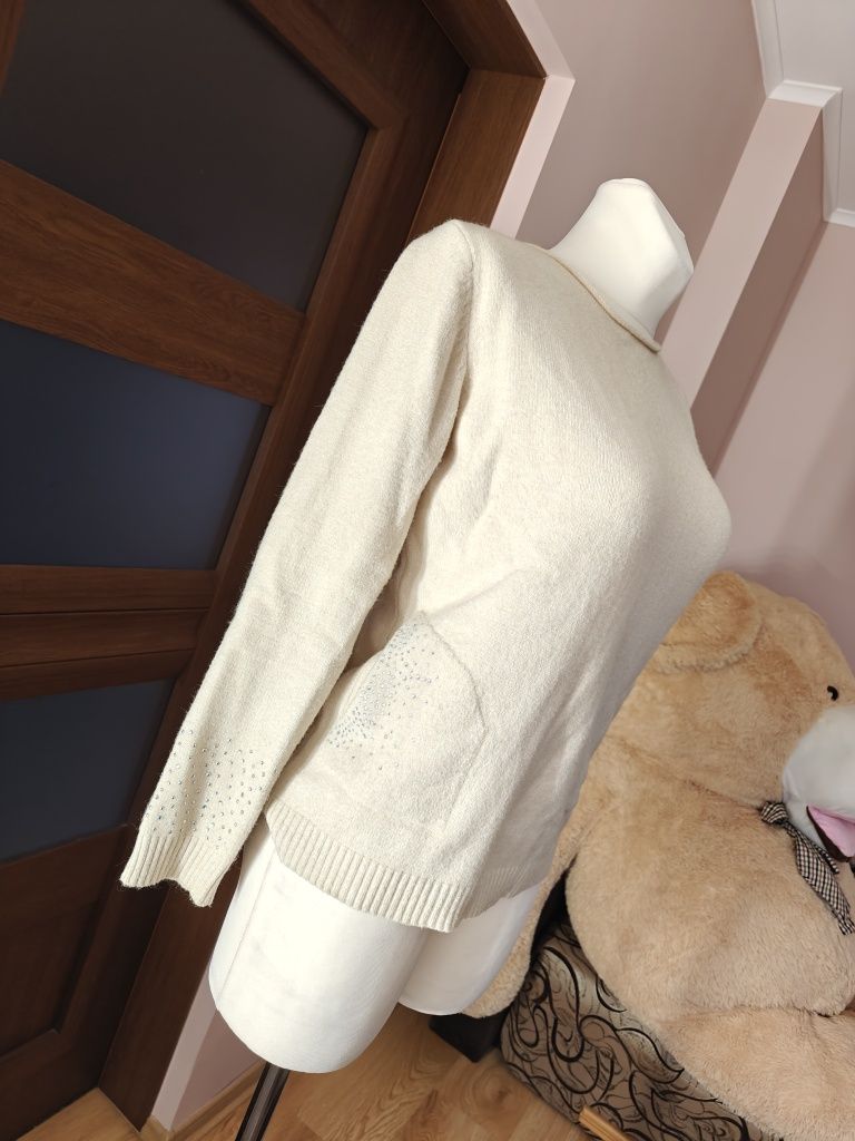 Sweter wełniany wełna merino kaszmir kremowy śmietankowy kryształki M