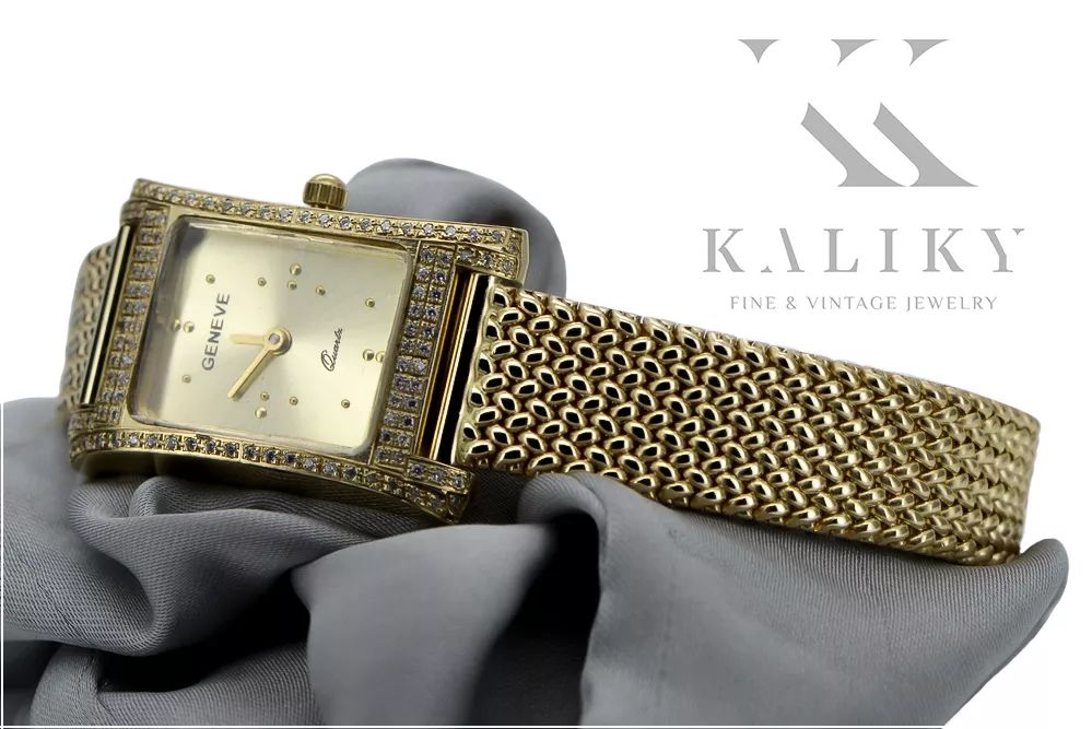 Złoty zegarek damski 14k z BRYLANTAMI Geneve lwd002ydy&lbw003y Poznań