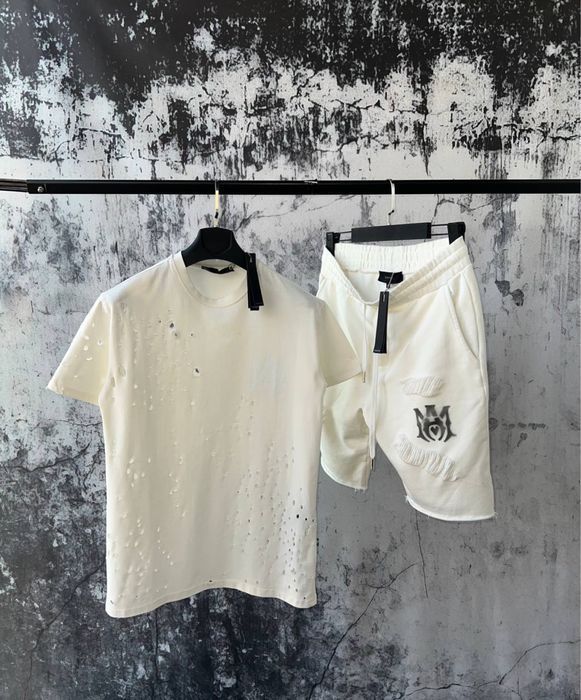 AMIRI порваный комплект летний костюм шорты футболка белая