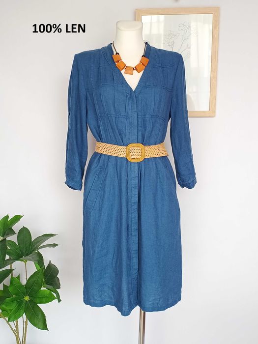 Niebieska sukienka do kolan gładka szmizjerka 100% len damska Zyga  M