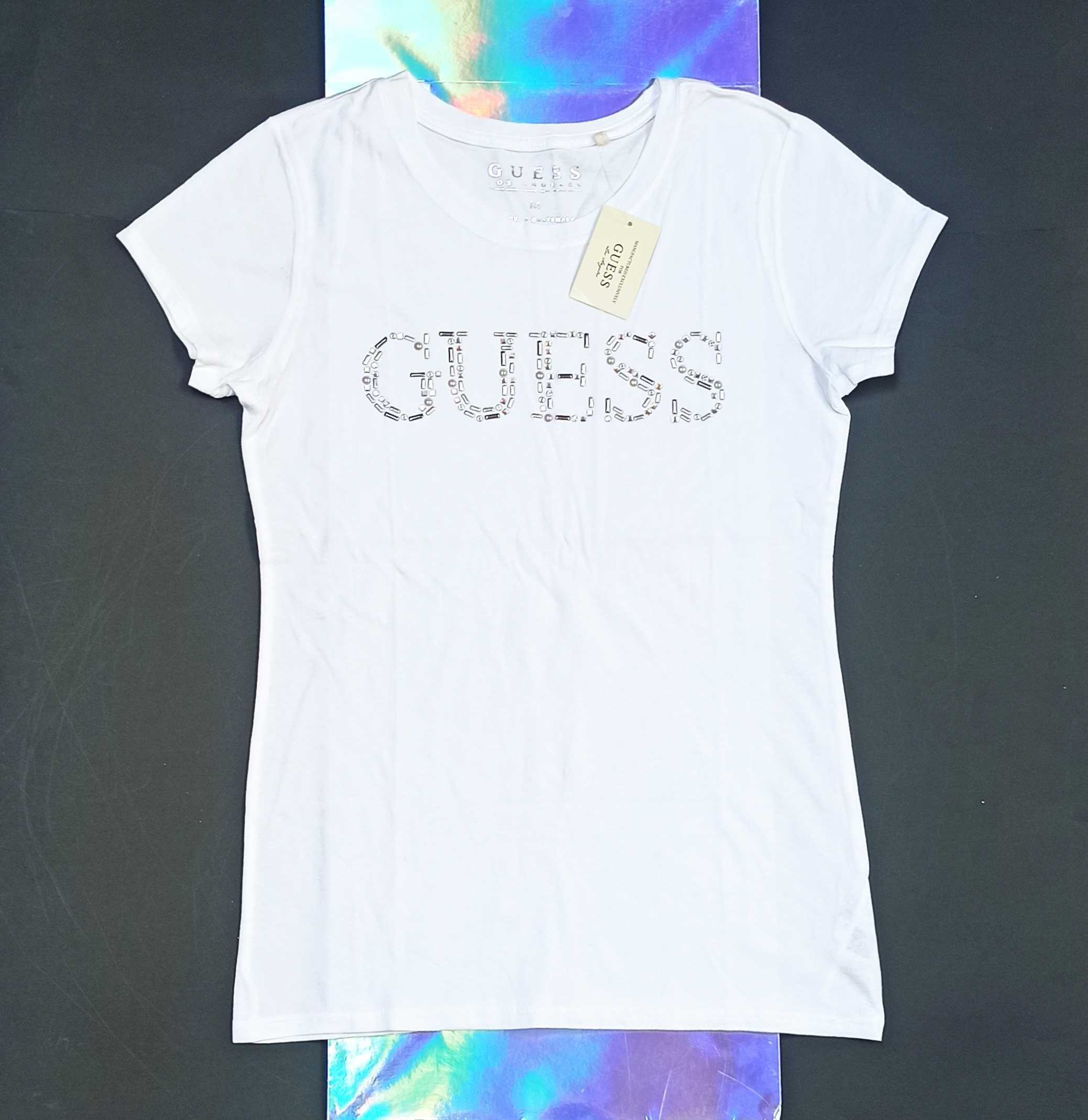 GUESS Oryginalna! Bluzka Koszulka T-Shirt Bialy Perelki Krysztalki