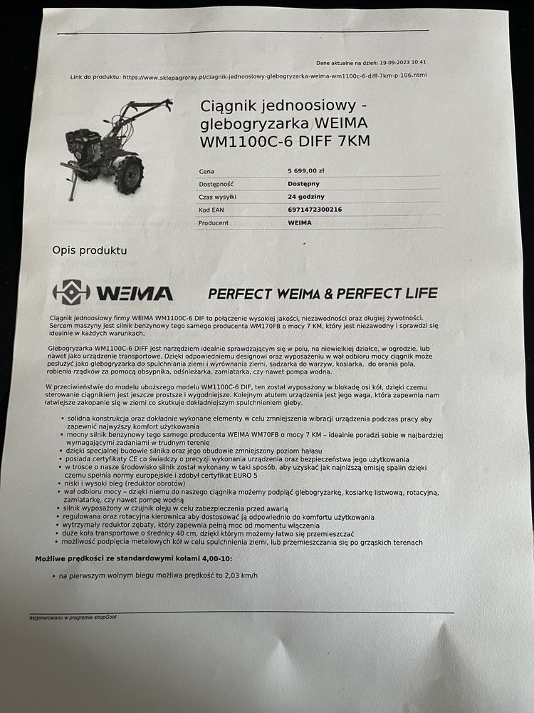 Ciągnik jednoosiowy weima 7KM
