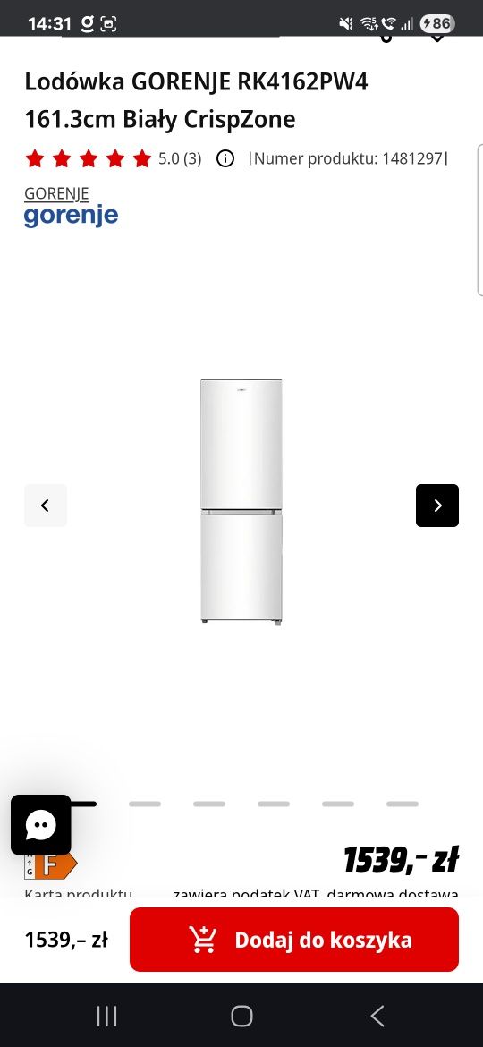 Nowa lodówka rk4162pw4 gorenje