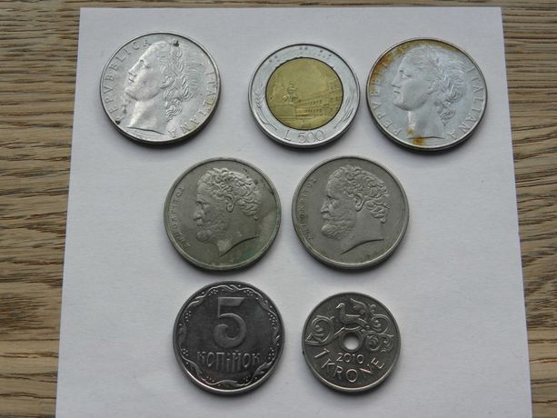 Zestaw monet Włochy Grecja Norwegia, monety strefy Euro Liry Drachmy
