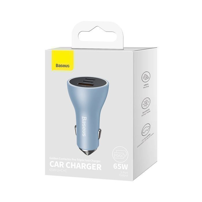 Baseus ładowarka samochodowa USB-A + 2x USB-C 65W QC4.0 niebieski