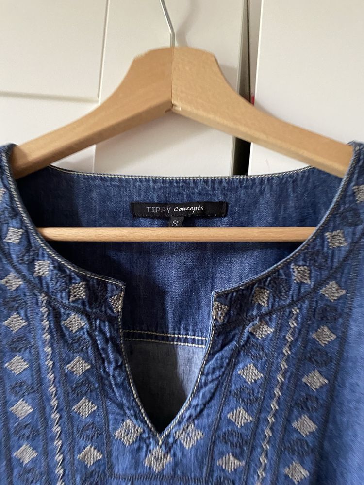 Jeansowa tunika boho z krótkim rękawem z lyocell S 36