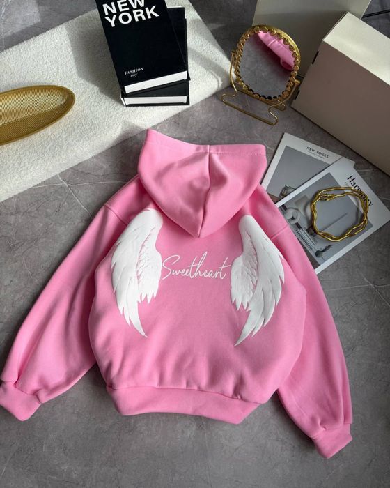 Женское худи на флисе с крыльями розовое Жіноче худі трьохнитка фліс