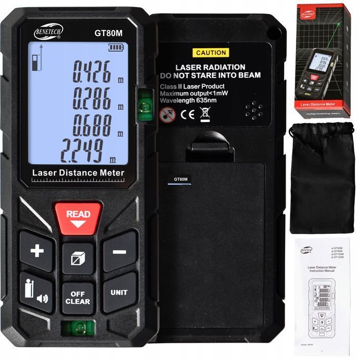 Dalmierz Laserowy Cyfrowy Miernik Odległości Benetech 80m LCD Baterie