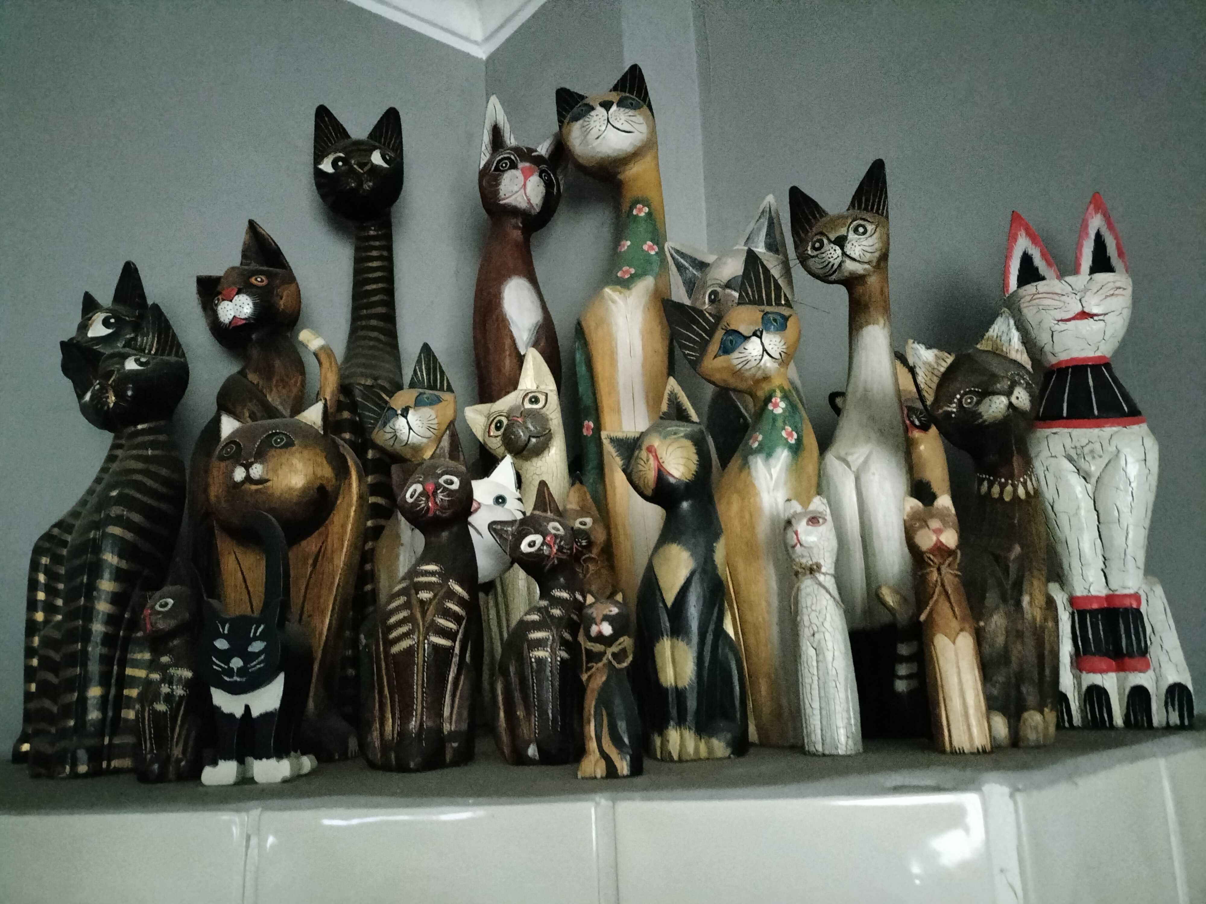 Kolekcja drewnianych kotow