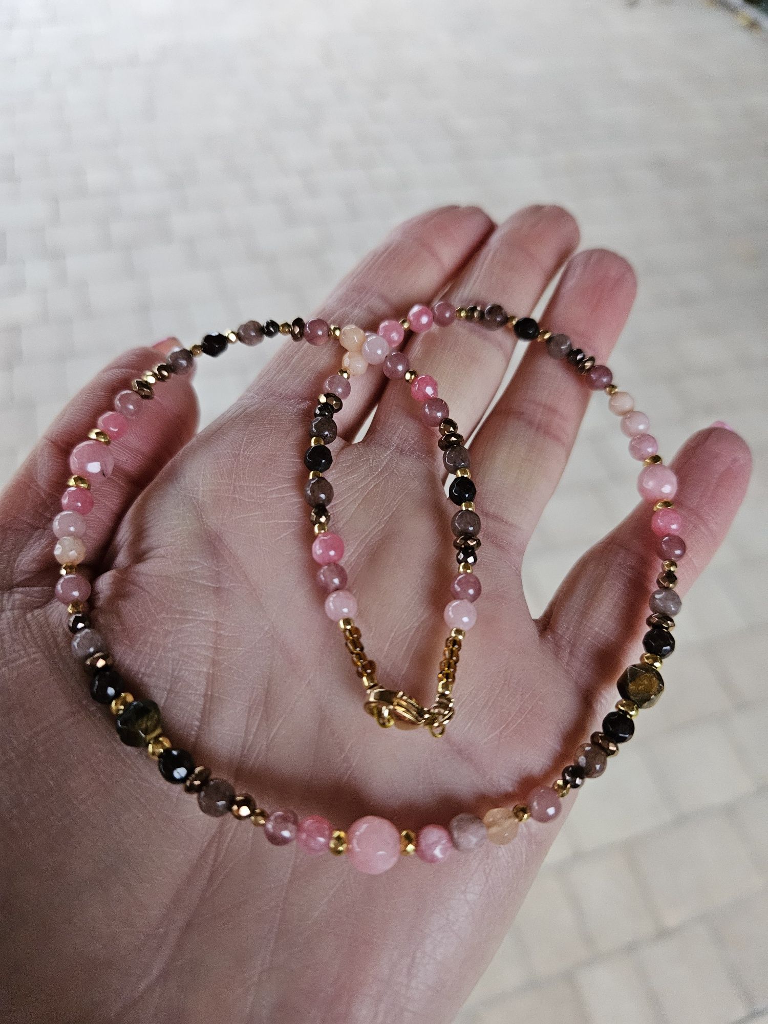 Naszyjnik Choker kamienie Tygrysie oko Rodonit Agat Jadeit Hematyt