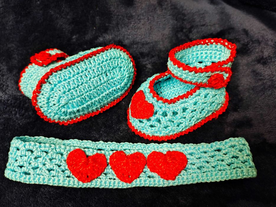 Ажурні вязані пінетки і пов’язка для немовляти, 9-10 см