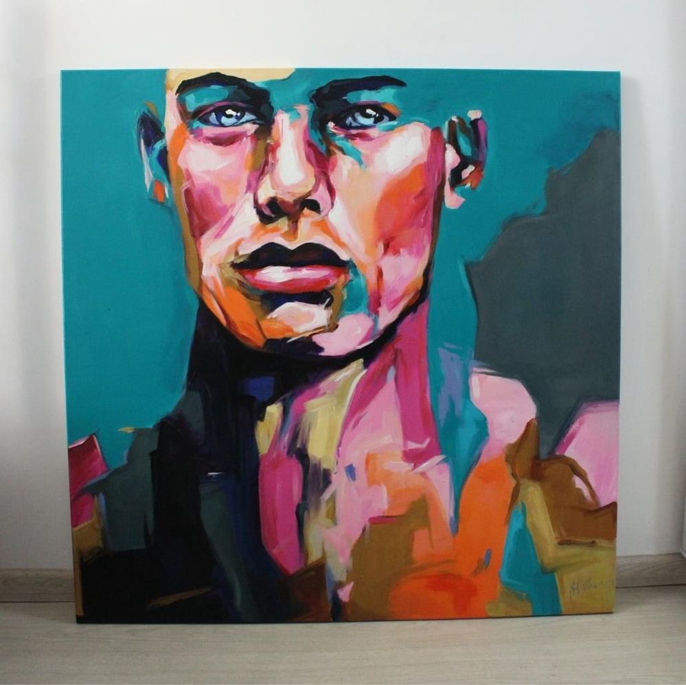 Obraz olejny portret abstrakcyjny twarz 100x100cm duży!