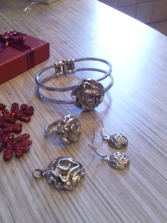 Набір посріблений, браслет, сережки, перстень, кулон