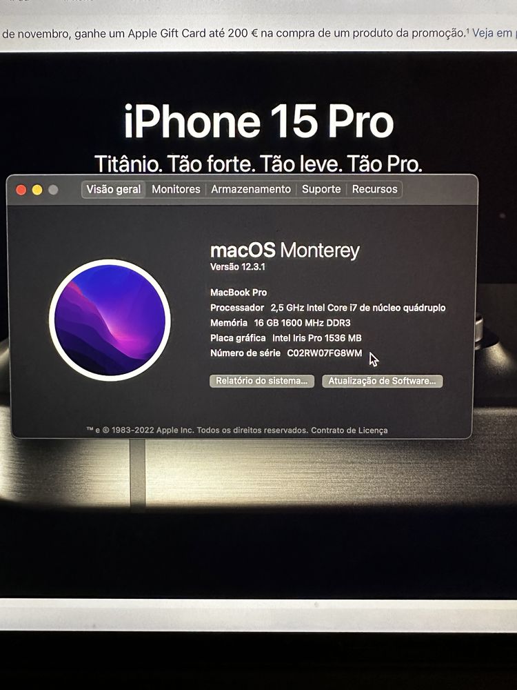 Macbook Pro 15 Mid 2015 16GB 1TB - Bateria nova