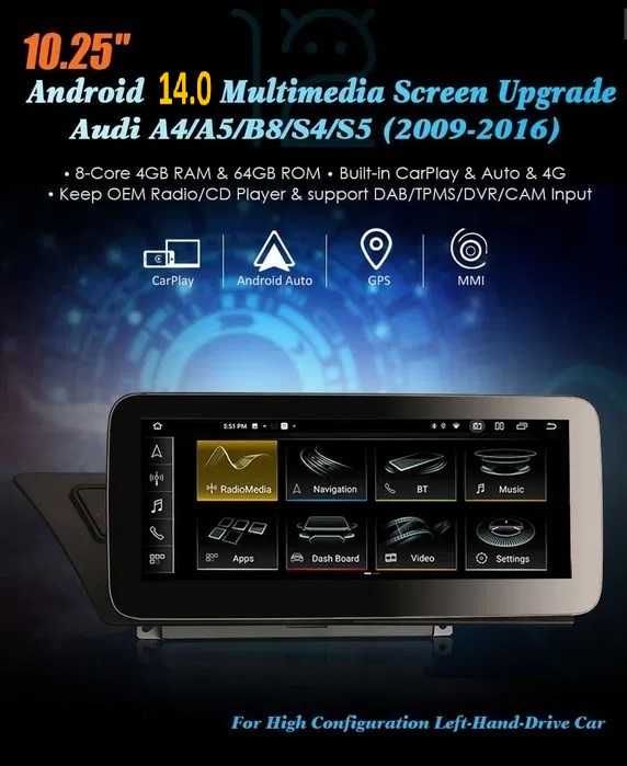 Auto-rádio 12.3" android 14 Audi A4/A5/B8/S4/S5 2009 a 2016