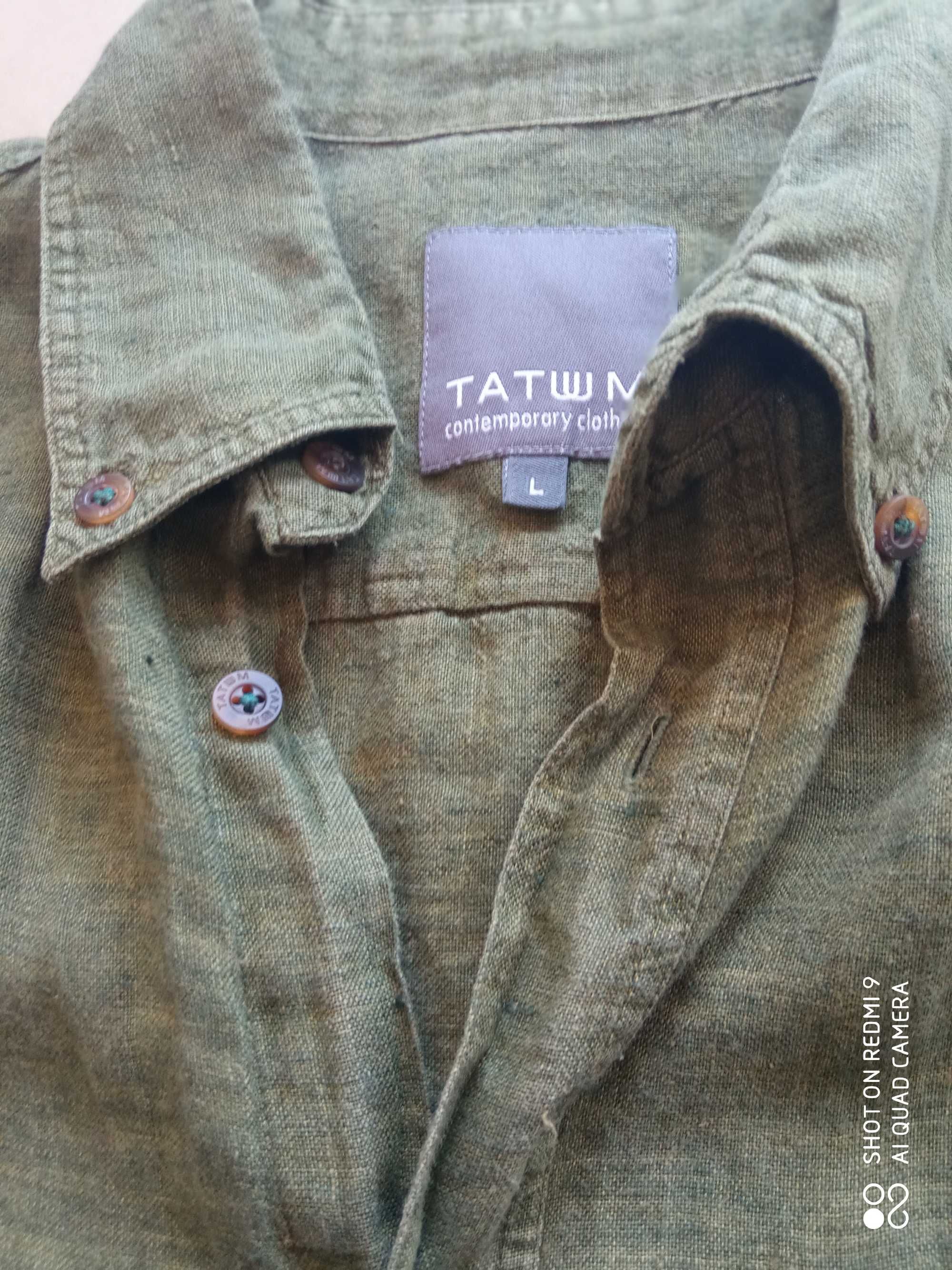 Tatuum L koszula męska len khaki 120 cm pachy z krótkim rękawem