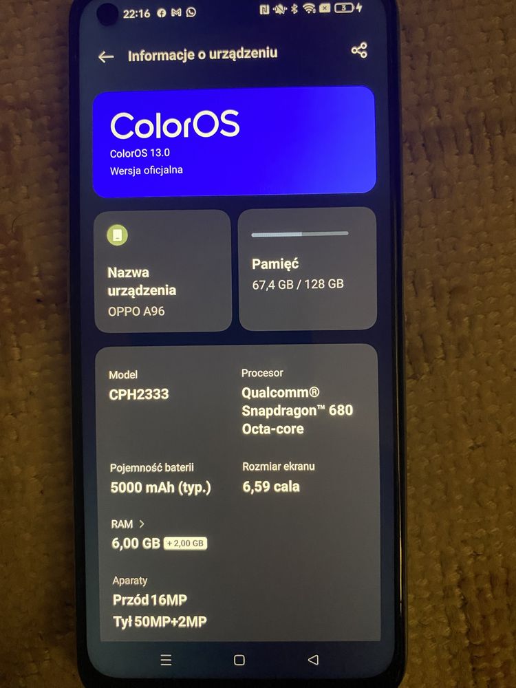 OPPO A96 - 6/128Gb model CPH2333 Smartphone Telefon