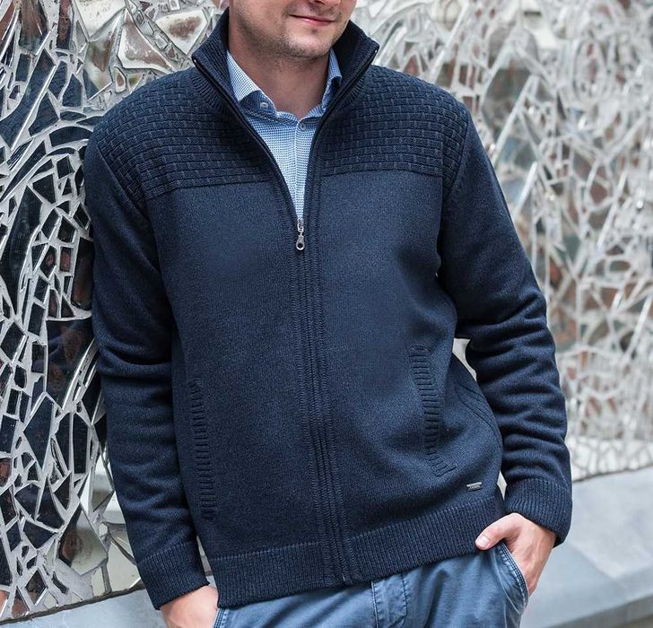 Bawełniany sweter męski rozpinany z wyższym kołnierzem - Granatowy 4XL