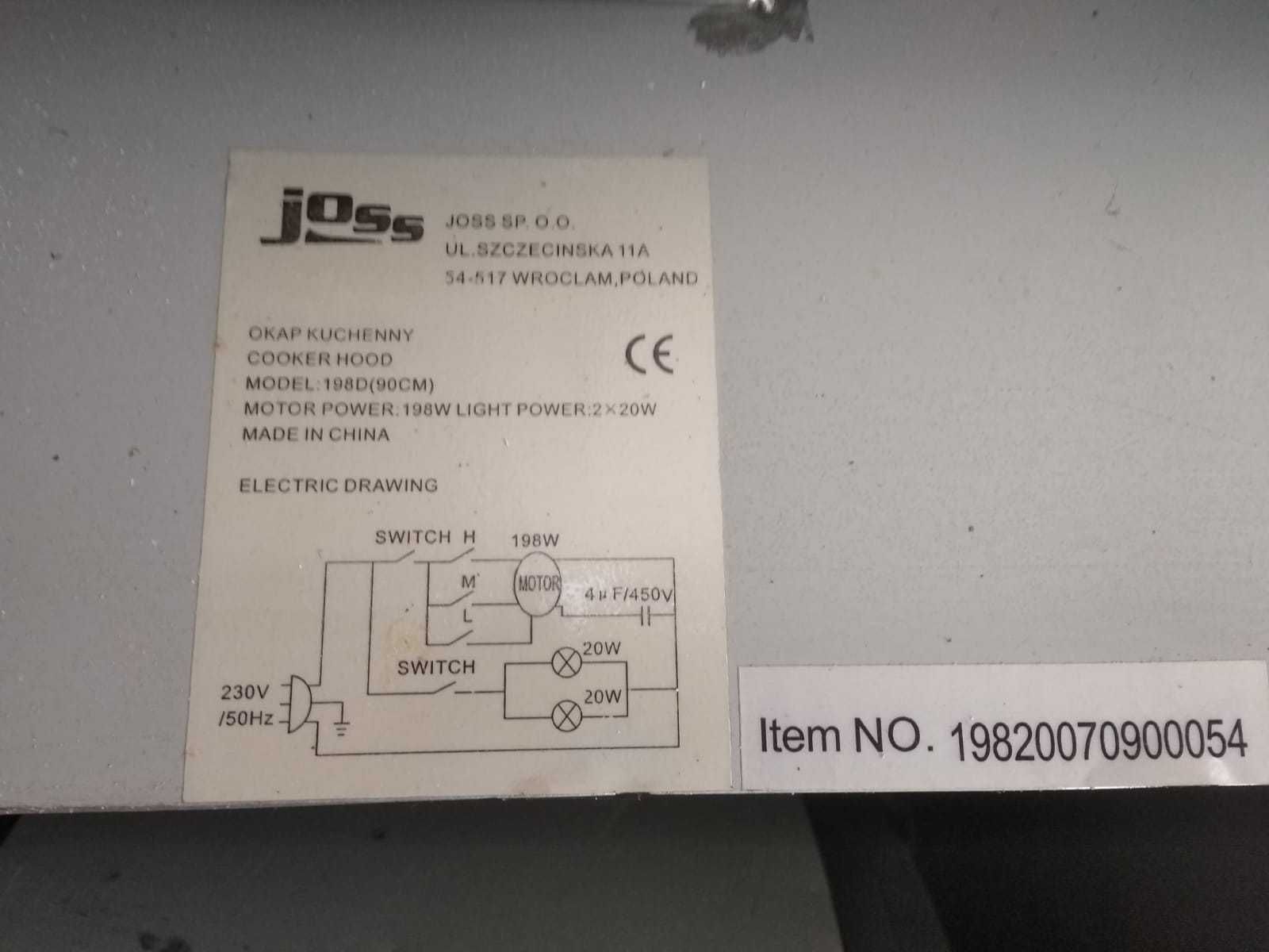Okap 90 cm nierdzewny model 198D JOSS 198 W - lampy 2x20 W