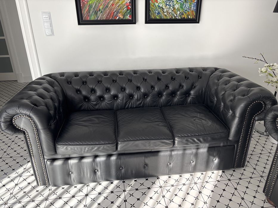 Sofa Chesterfield 3+2 z funkcją  spania .Skora naturalna cielęca.