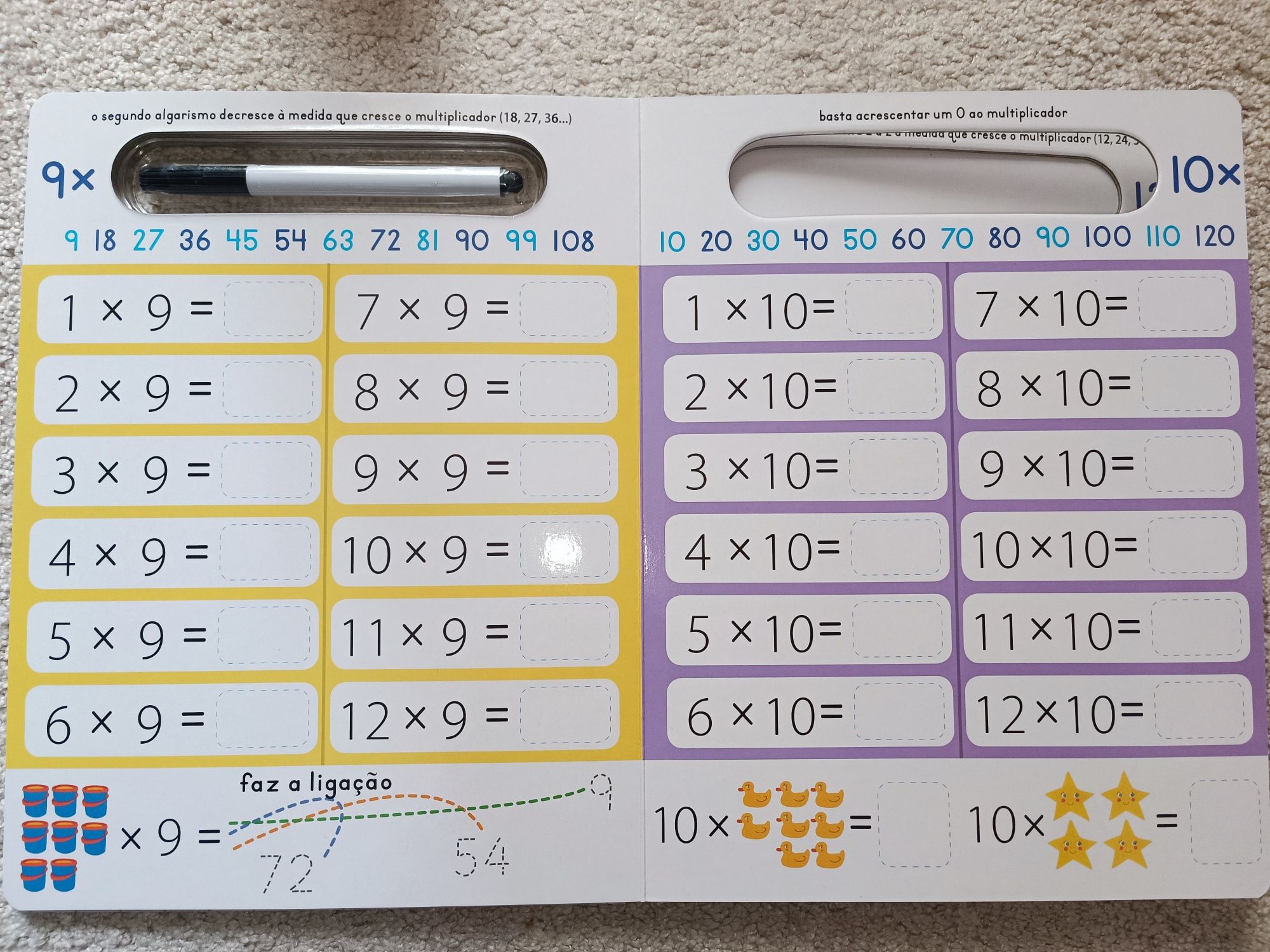 Livro escreve e apaga, contas de multiplicar