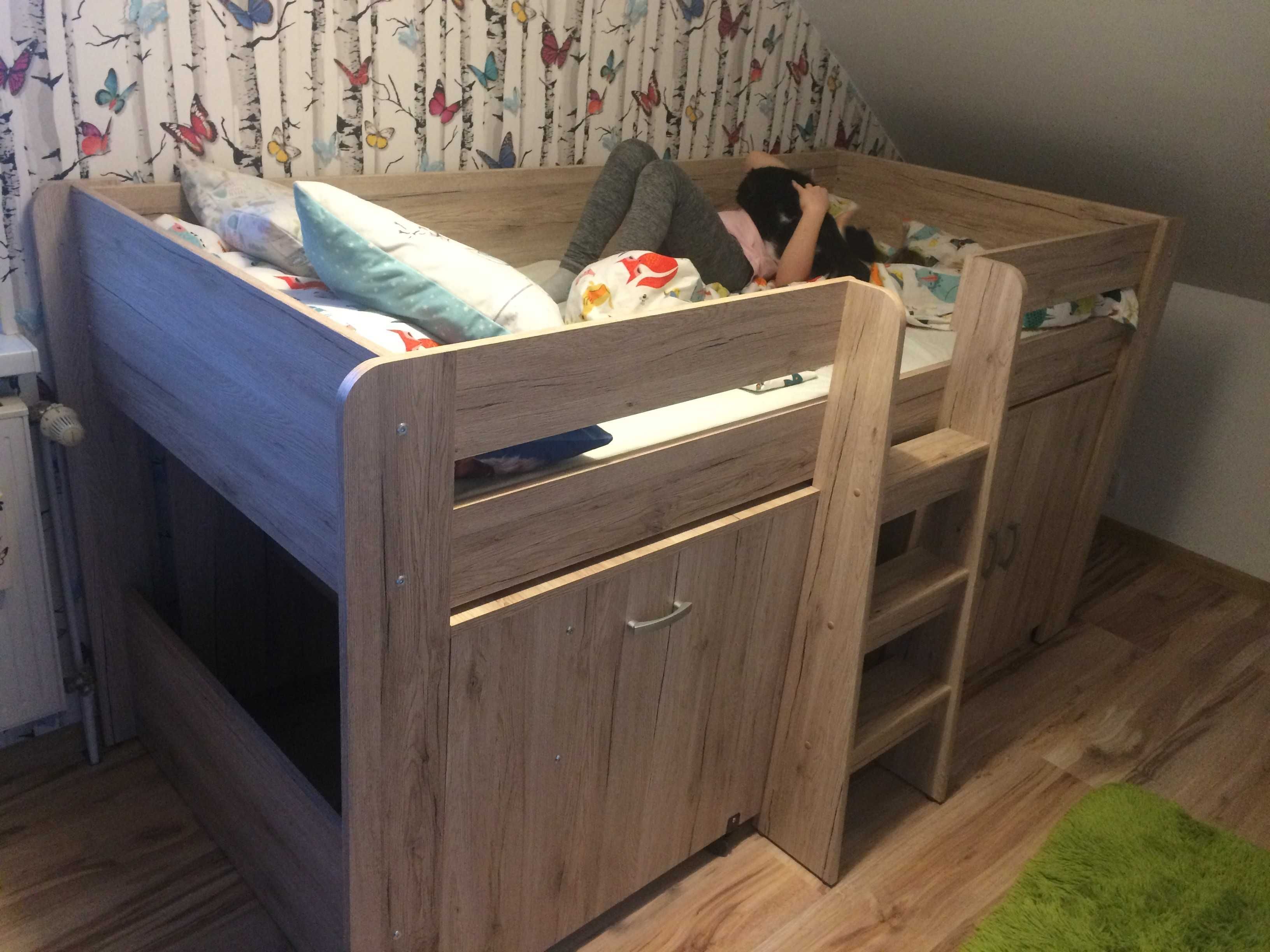 Łóżko piętrowe antresola z biurkiem i szafką + materac