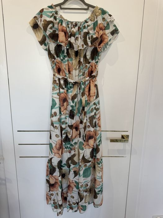 Sukienka długa maxi hiszpanka listki kolorowa uni S-M