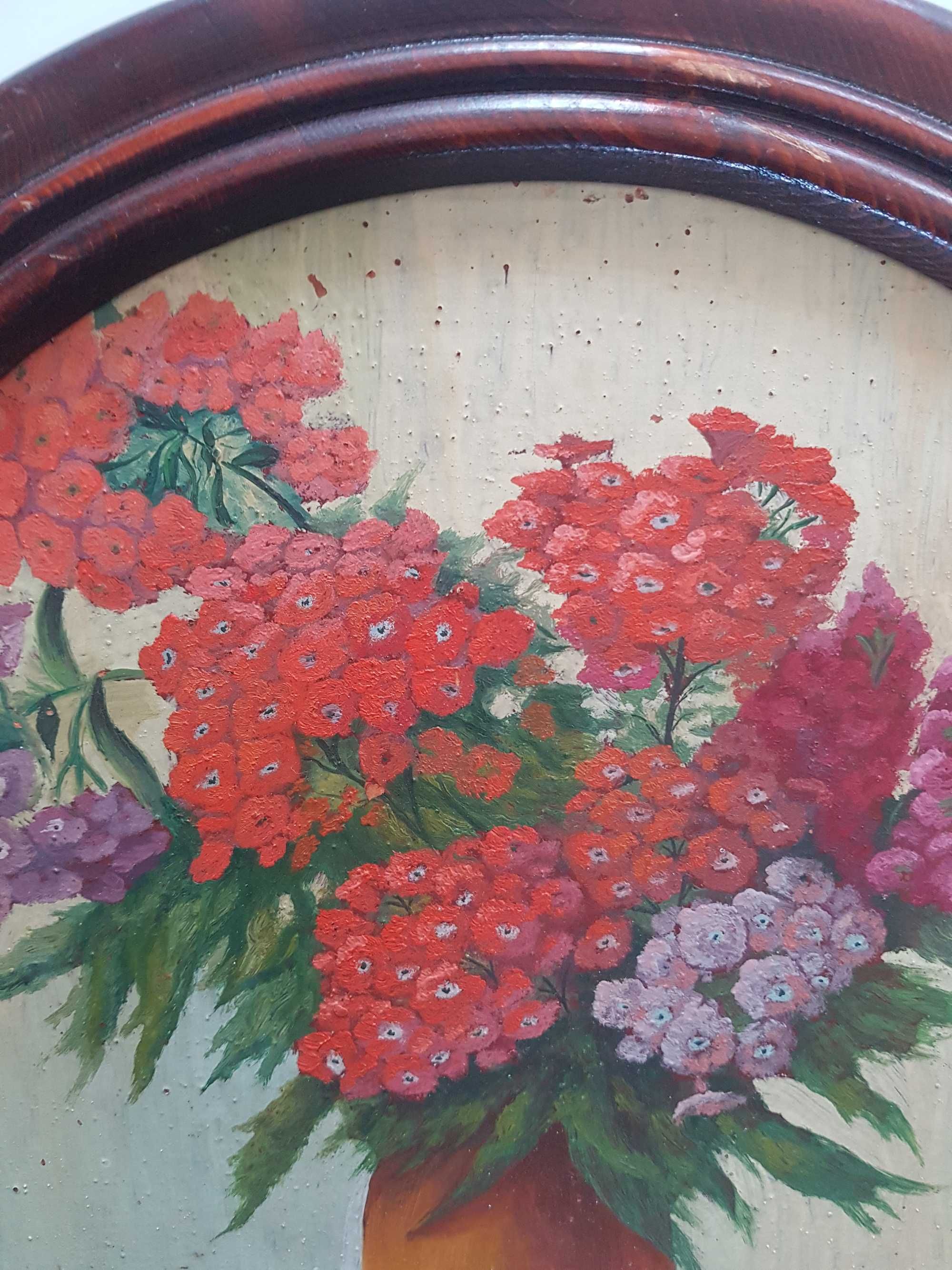 Olejny obraz malowany na płycie, śred. 40 cm.