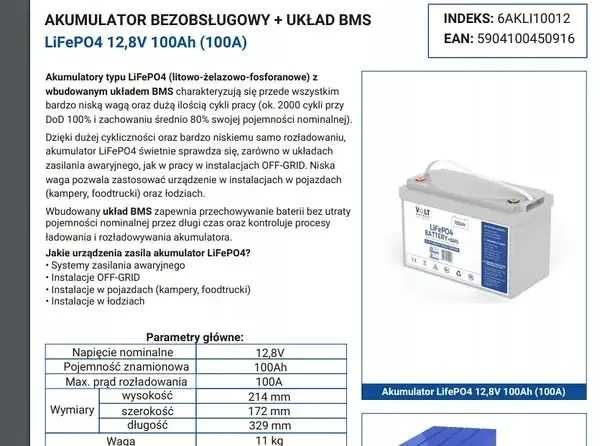 Акумулятор Volt Polska LiFePO4 12,8V 100Ah (100A) + BMS 1280Wh