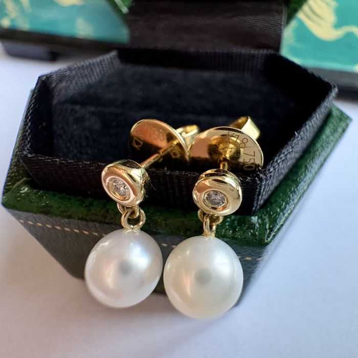 Retro kolczyki złoto 18 k perły diamenty sztyfty Certyfikat