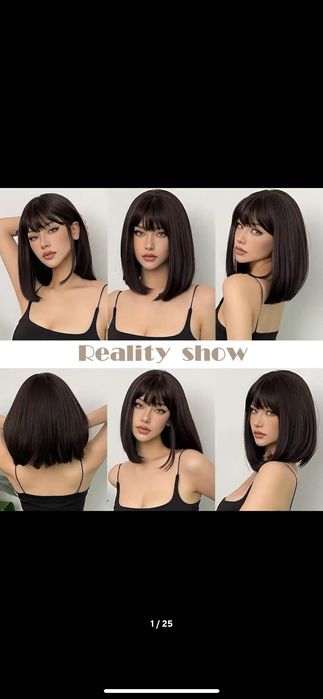 Nowa peruka czarna bob krótki z grzywką prosta do ramion naturalna