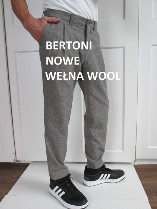 Bertoni męskie klasyczne wełniane spodnie pepitka 30% wełna 30 S M