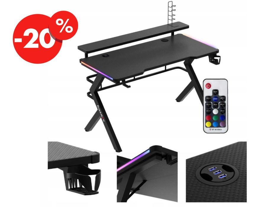 Czarne Biurko Gamingowe Podświetlane Led RGB Komputerowe Gracza OKAZJA