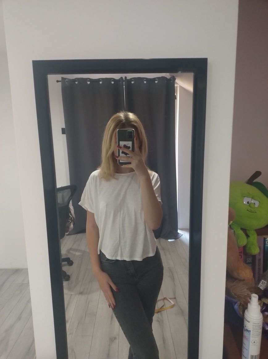 Biała bluzka koszulka t-shirt z krótkim rękawem koronką oversize