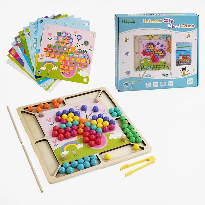 Логічна гра дерев'яна/сортер/палички/щипці/10 карт із завданнями