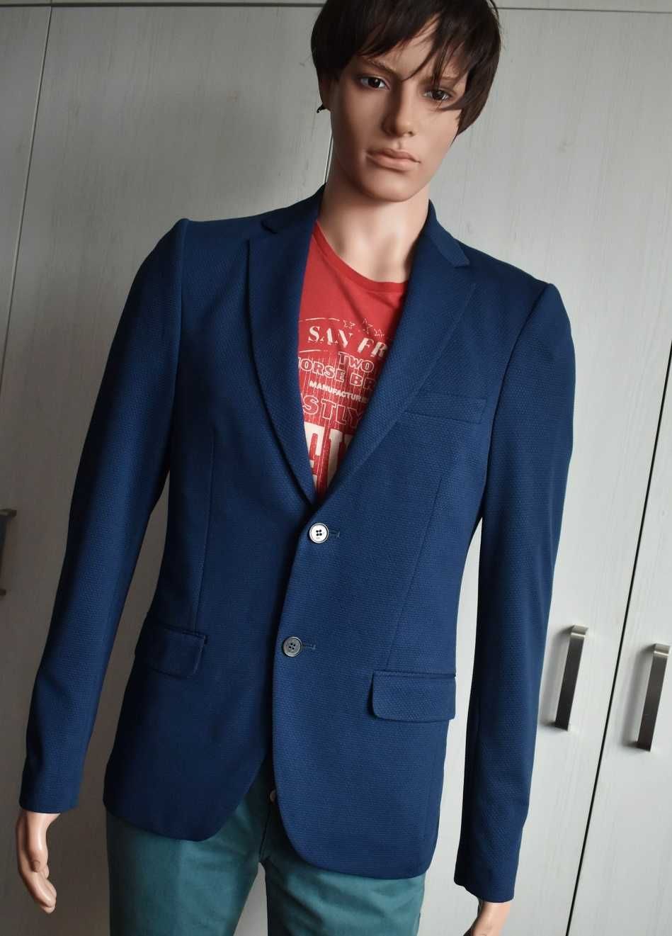 Marynarka blazer S elegancka wizytowa slim granatowa bawełniana męska
